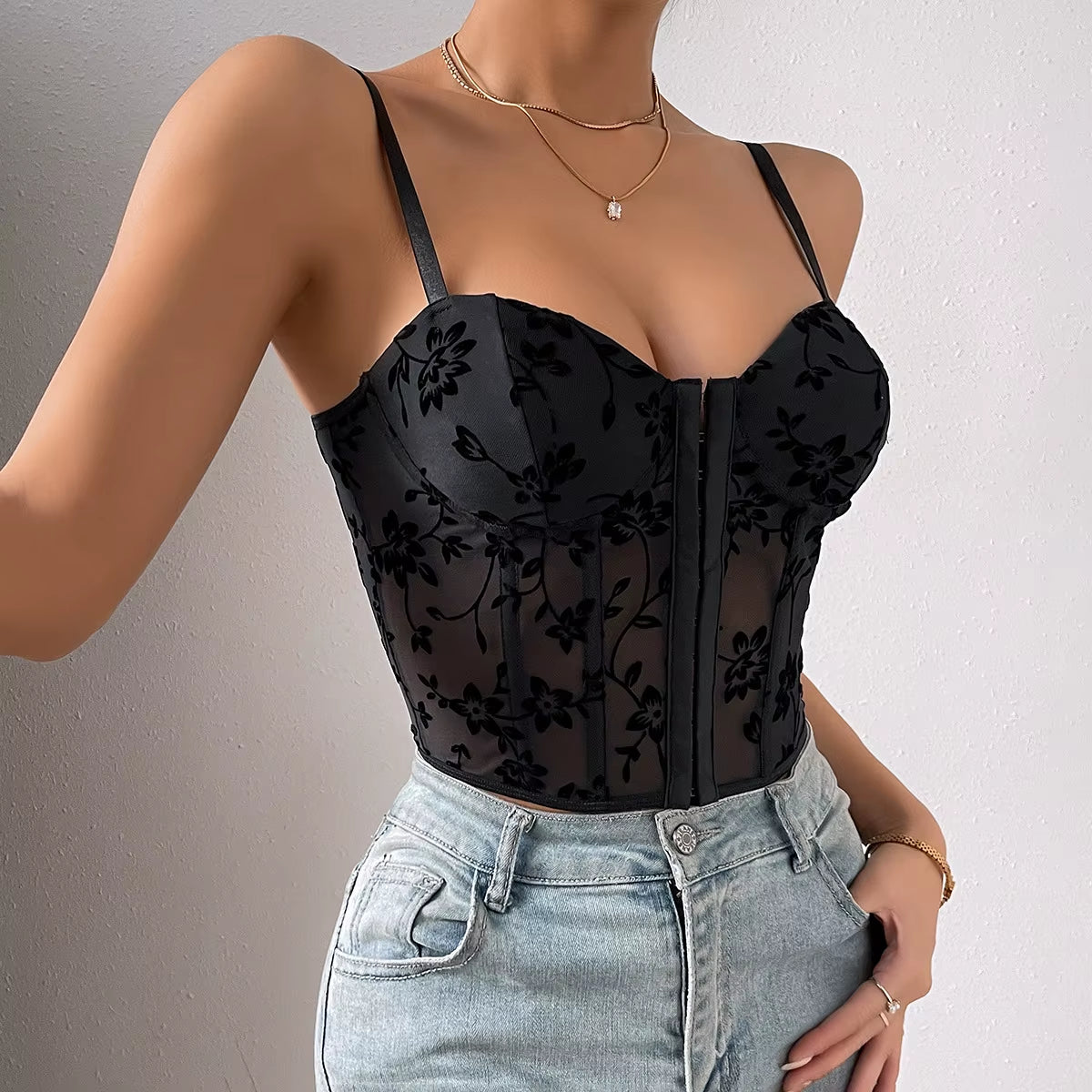 Sexy​ Lace Embroidery Chic Bustier Corset Push-Up Lingerie Strap Slim Korean Tanks Top Low-Cut See-Through Halter Vest Bodysuit