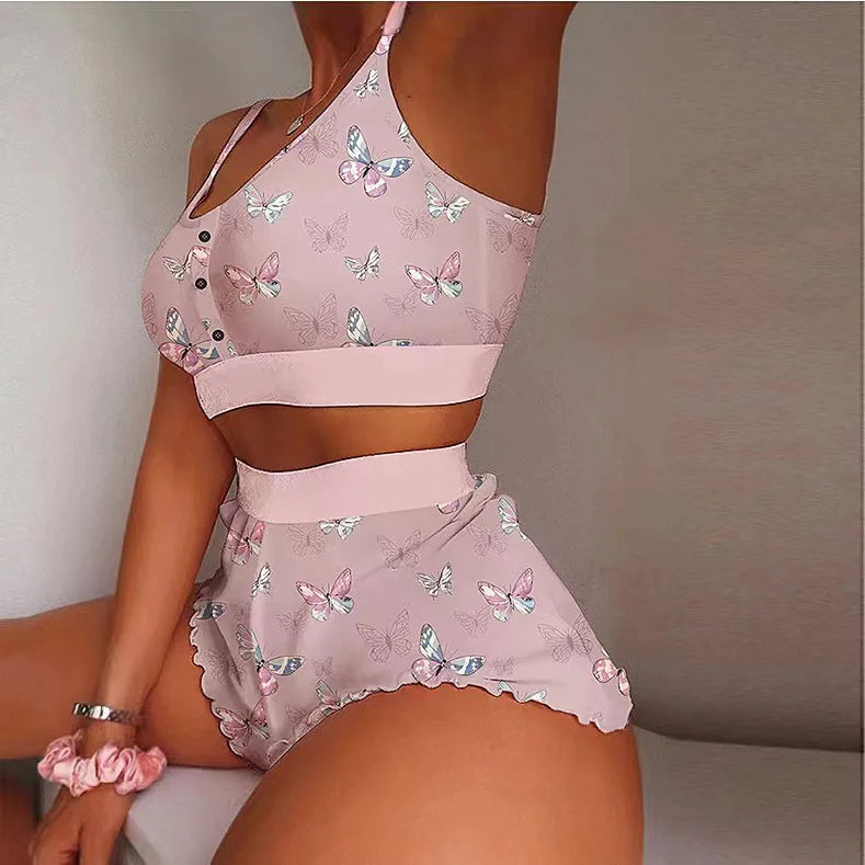 2 Pieces Set Women'S Pajama Shorts Suit Multiple Print Underwear Sexy Lingerie Camisoles Tanks Nighty Ladies Loungewear Homewear