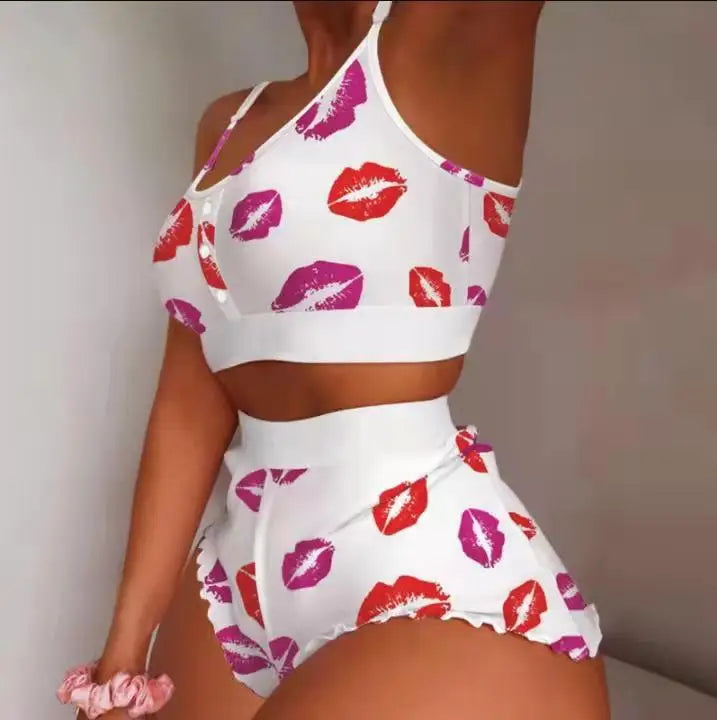 2 Pieces Set Women'S Pajama Shorts Suit Multiple Print Underwear Sexy Lingerie Camisoles Tanks Nighty Ladies Loungewear Homewear